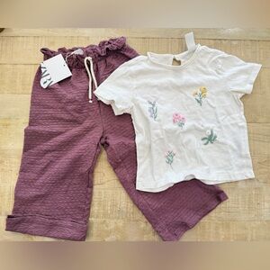 Zara H&M kids girls tee shirt flower top pull on wide leg pants bottom